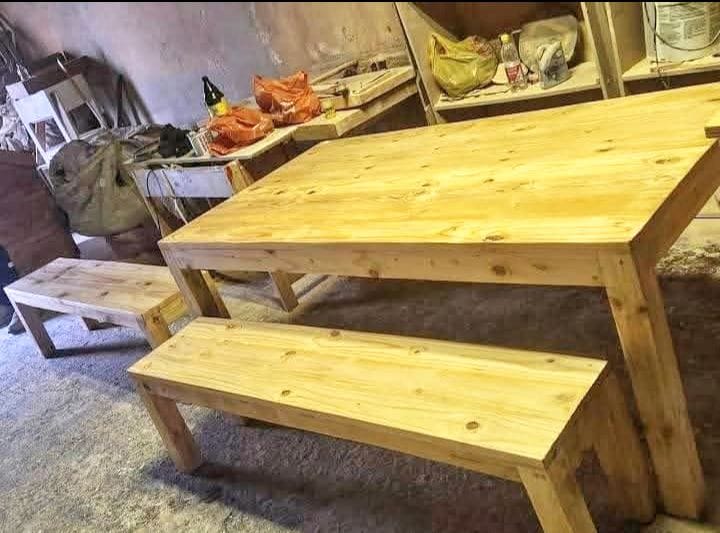 Wooden 6-Seater Table with Benches