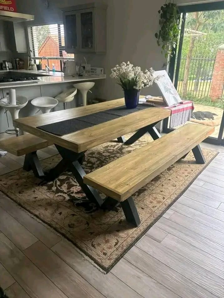 Wooden 6-Seater Table with Benches